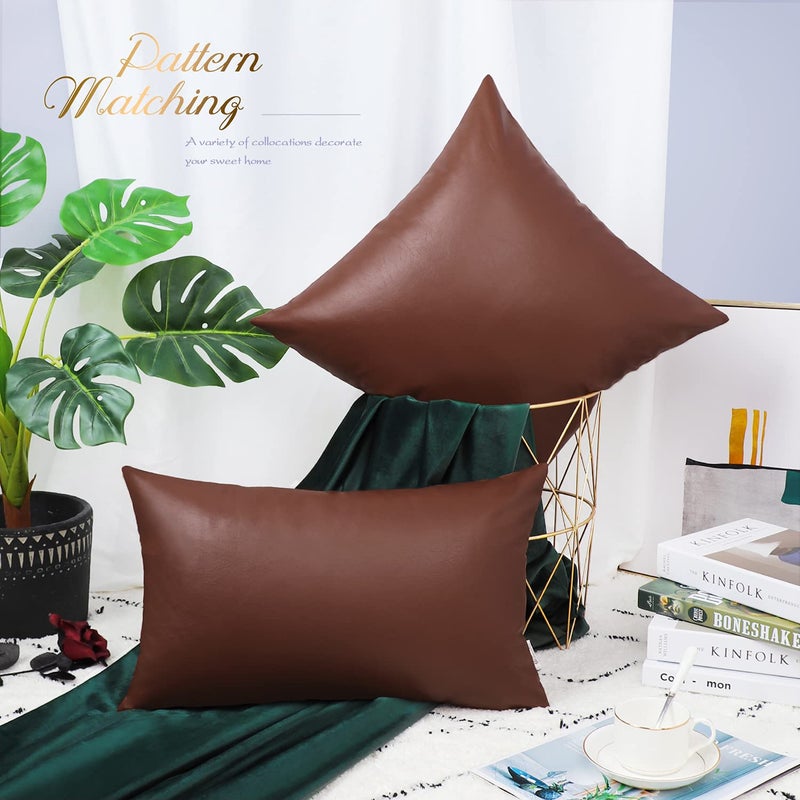 BRAWARM Faux Leather Throw Pillow Covers 16 X 16 Inches - Brown Leather Pilow Covers Pack of 2, Solid Dyed Leather Pillowcases for Couch Bed Sofa Garden Home Decorative - Image 3